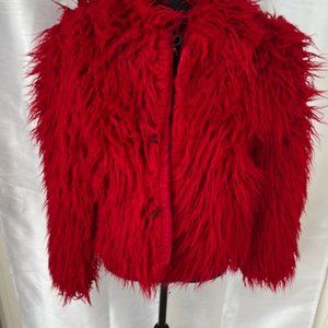 VINTAGE 90's y2k Sans Souci RED FAUX FUR Cropped Jacket PUNK ROCK STYLE SZ Med